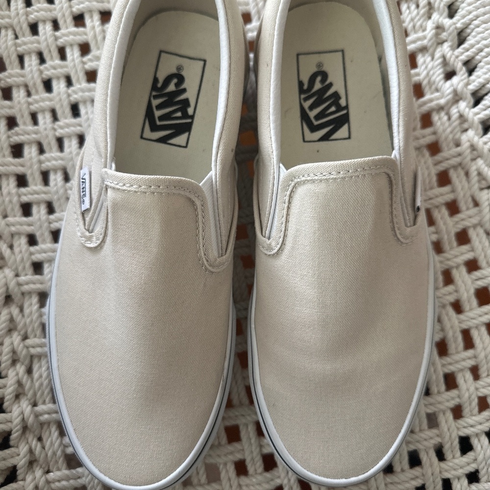 Worn once! Classic Vans Slip-On, size 6.5 color birch/true white